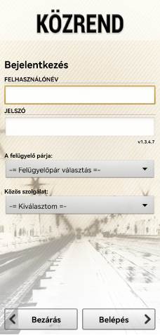 Közrend Programcsomag - Android alapú utcai ellenőrző alkalmazás - Bejelentkezés